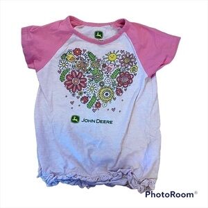 John Deere Heart Shirt 4T Pink Green Short Sleeve Girls Kids Toddler
